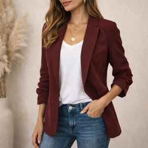 Skies Are Blue Burgundy Ruched Sleeve Blazer Jacket Size Large Career Chic Layer